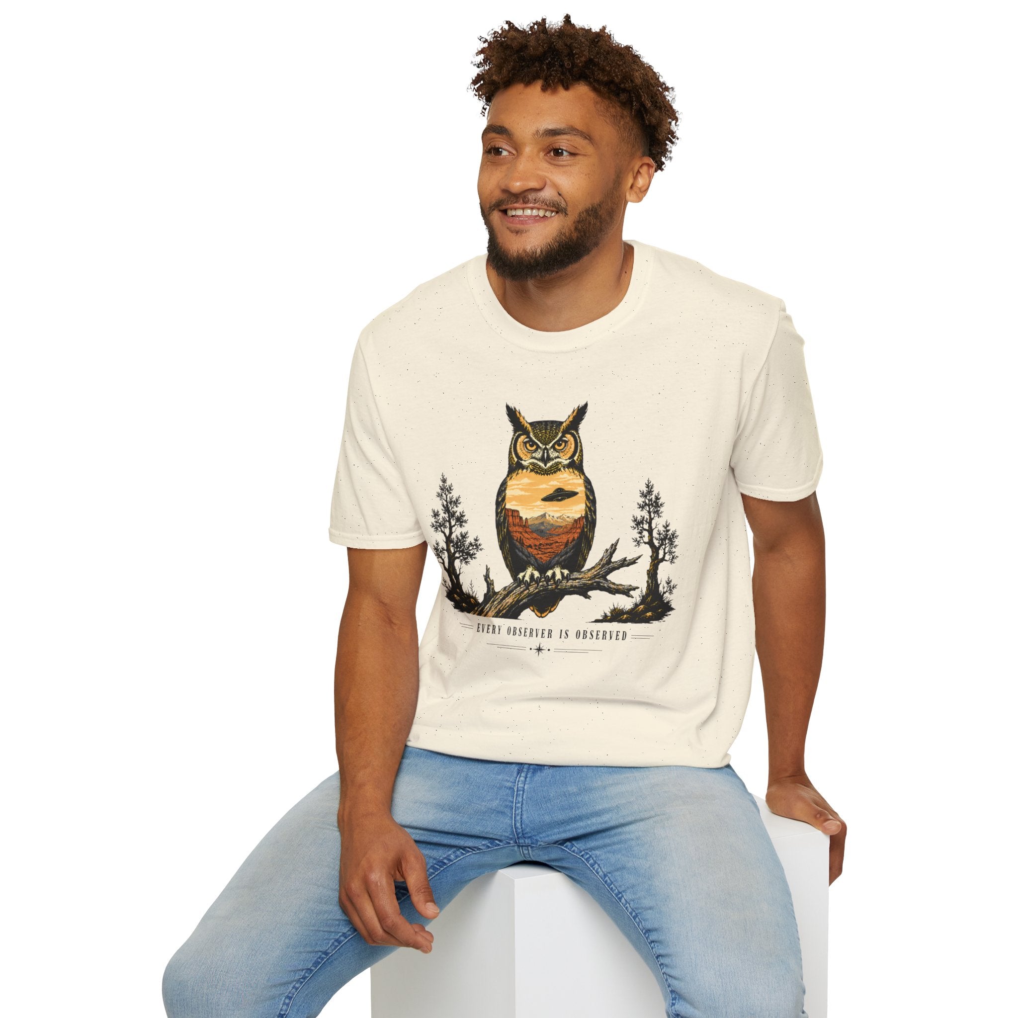 Every Observer Is Observed UFO t-shirt with owl double exposure and single tilted saucer in desert skyline, natural