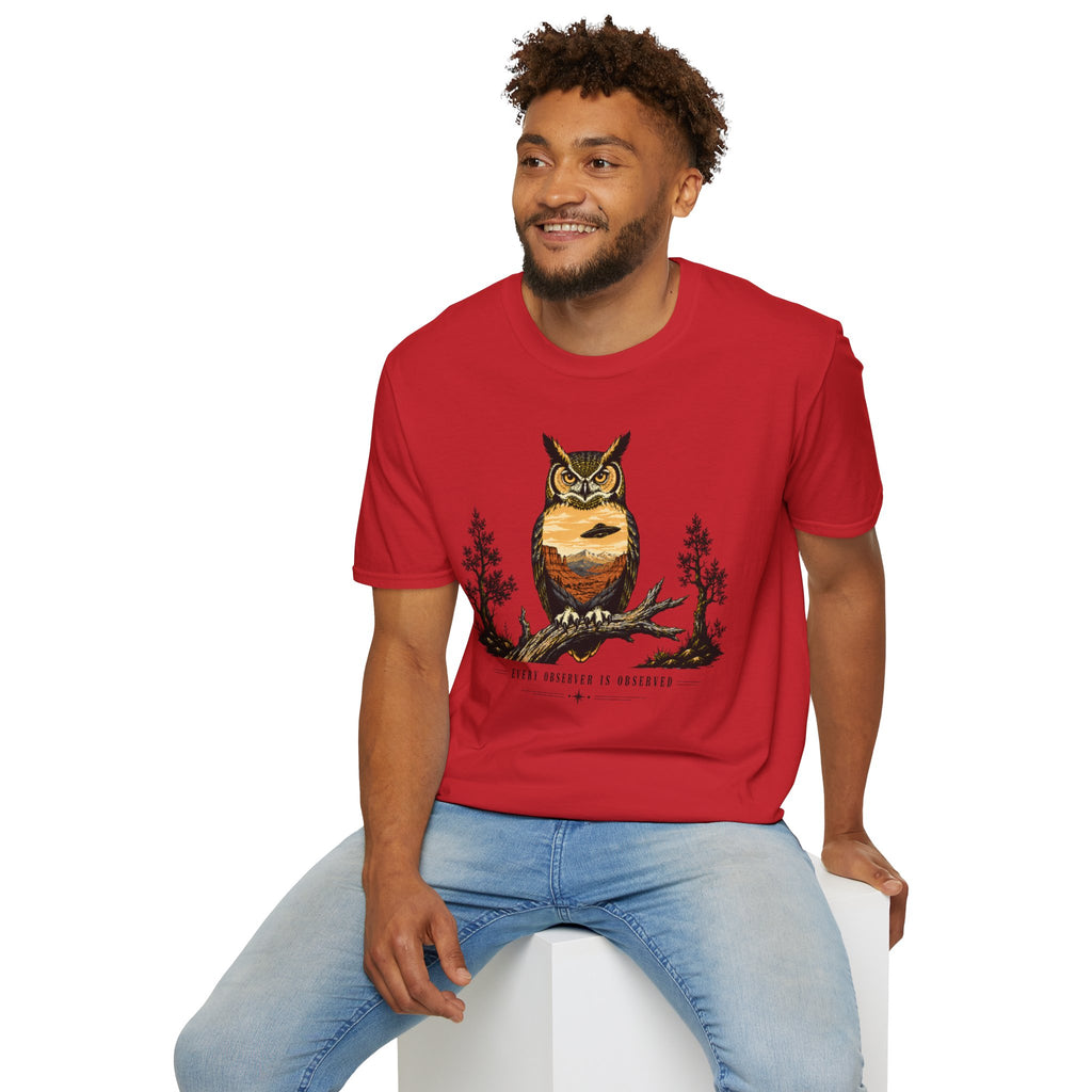 Every Observer Is Observed UFO t-shirt with owl double exposure and single tilted saucer in desert skyline, red