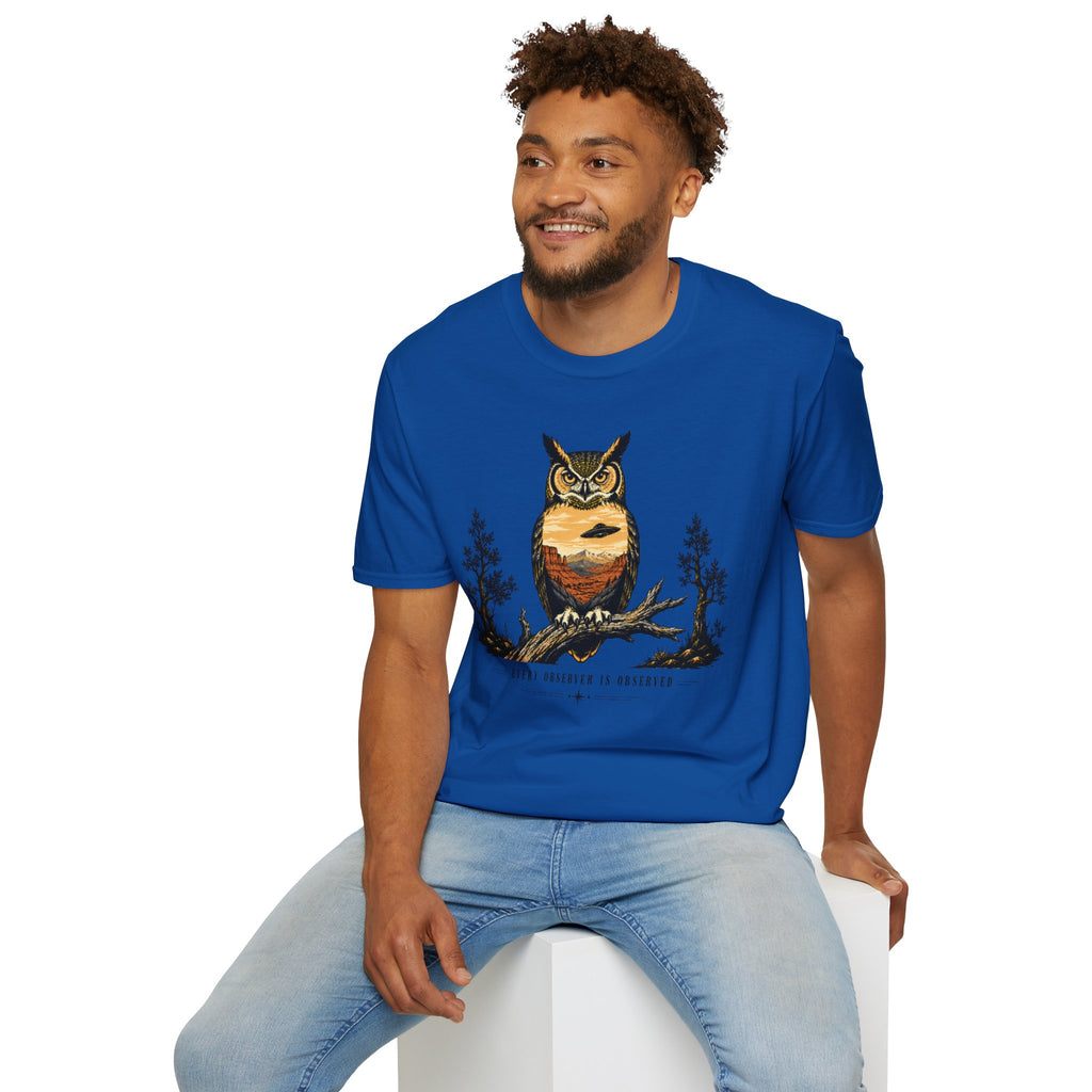 Every Observer Is Observed UFO t-shirt with owl double exposure and single tilted saucer in desert skyline, blue