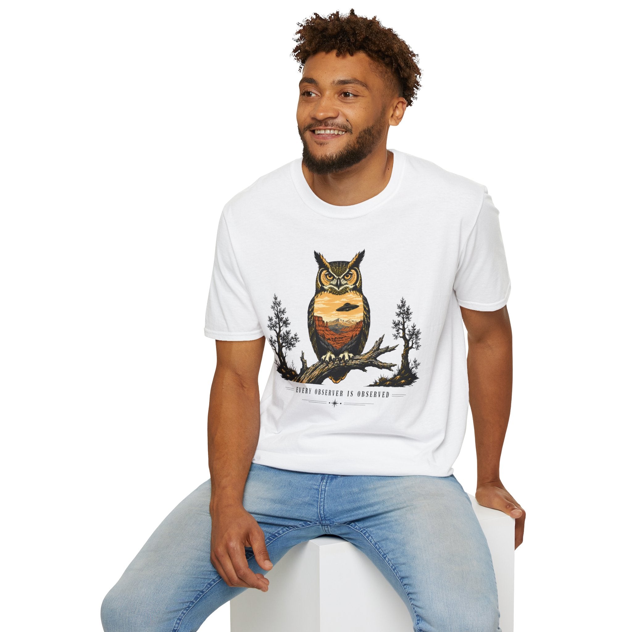 Every Observer Is Observed UFO t-shirt with owl double exposure and single tilted saucer in desert skyline, white