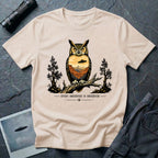 Every Observer Is Observed UFO t-shirt with owl double exposure and single tilted saucer in desert skyline, natural