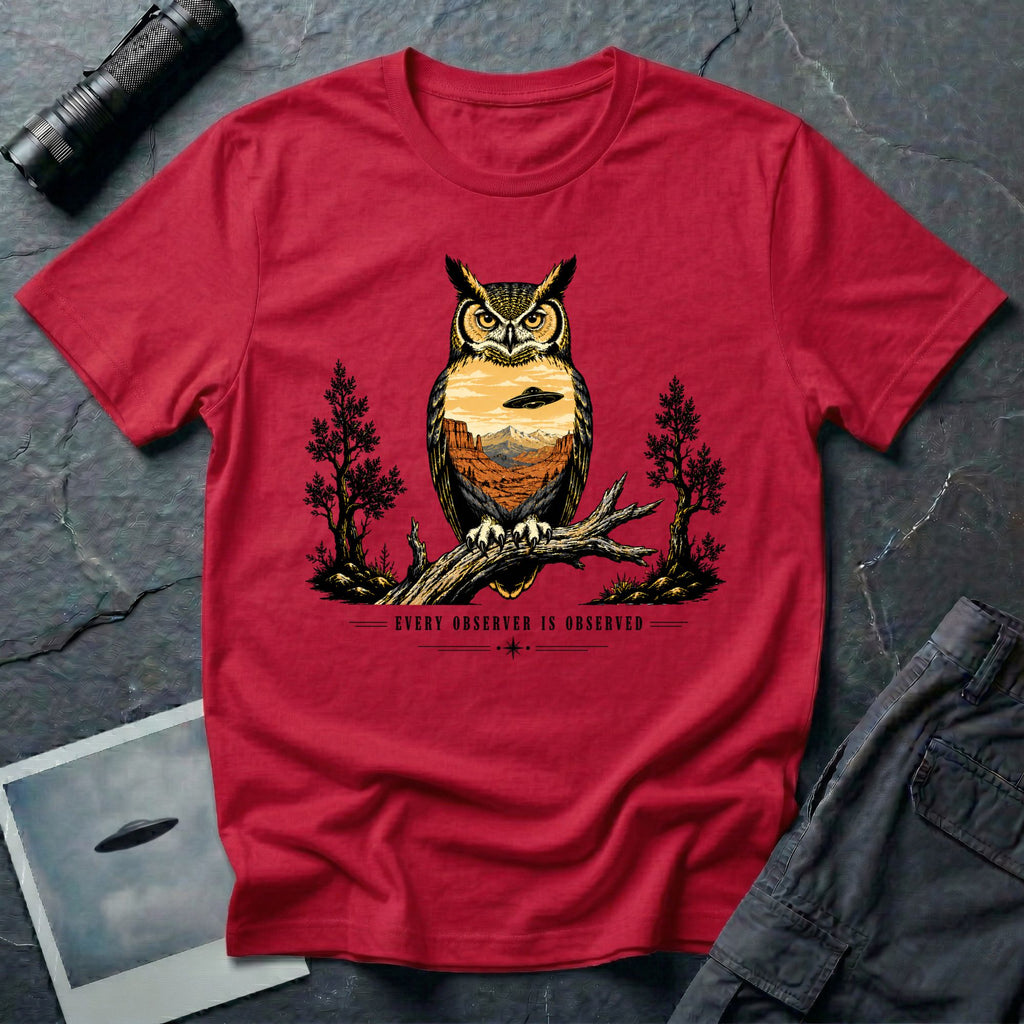 Every Observer Is Observed UFO t-shirt with owl double exposure and single tilted saucer in desert skyline, red
