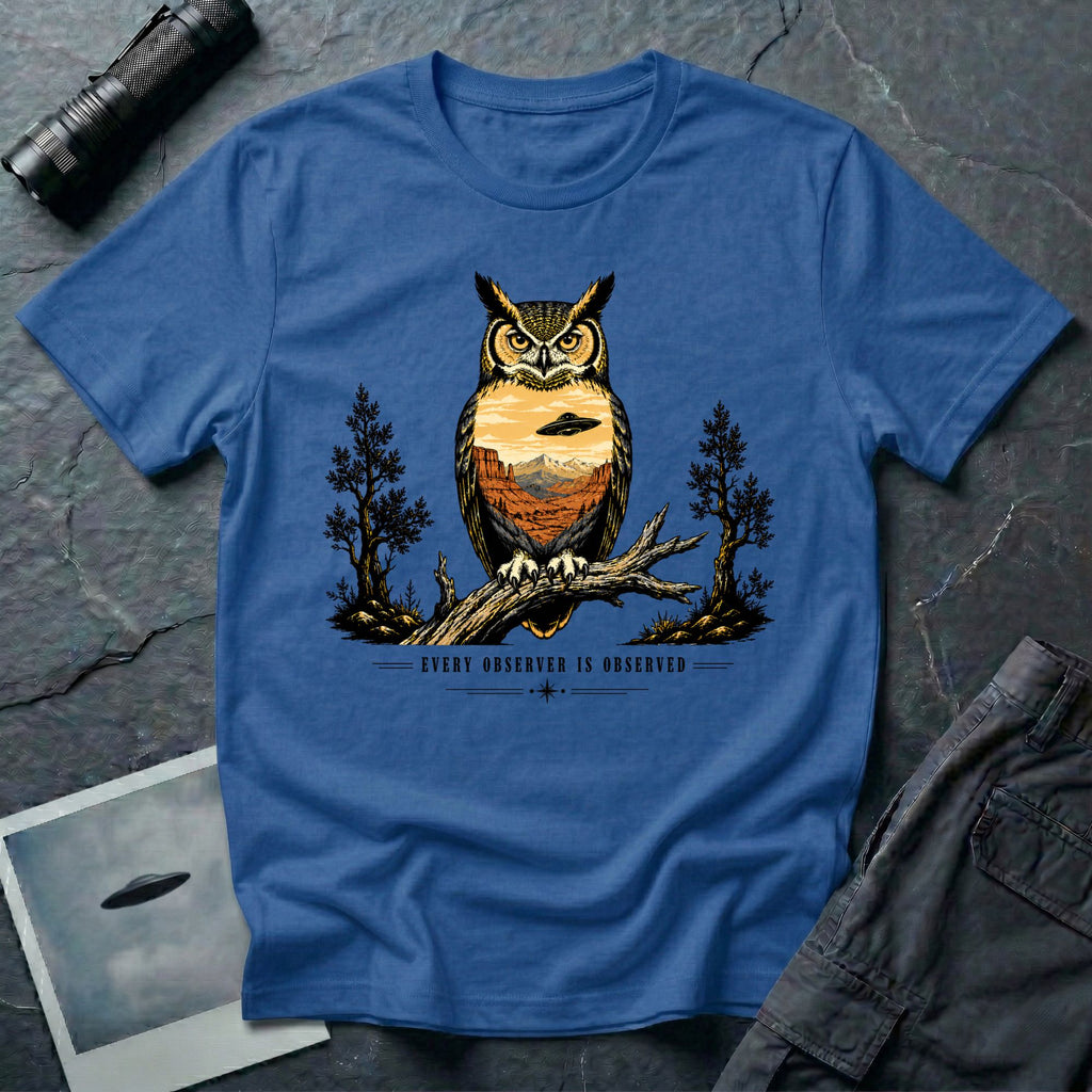Every Observer Is Observed UFO t-shirt with owl double exposure and single tilted saucer in desert skyline, blue
