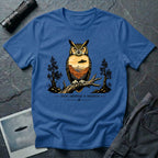 Every Observer Is Observed UFO t-shirt with owl double exposure and single tilted saucer in desert skyline, blue