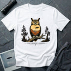 Every Observer Is Observed UFO t-shirt with owl double exposure and single tilted saucer in desert skyline, white