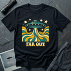 Far Out psychedelic UFO t-shirt — flying saucer with swirling teal and mustard beam and "Far Out" bubble type on black cotton tee
