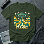 Far Out psychedelic UFO t-shirt — flying saucer with swirling teal and mustard beam and "Far Out" bubble type on military green cotton tee