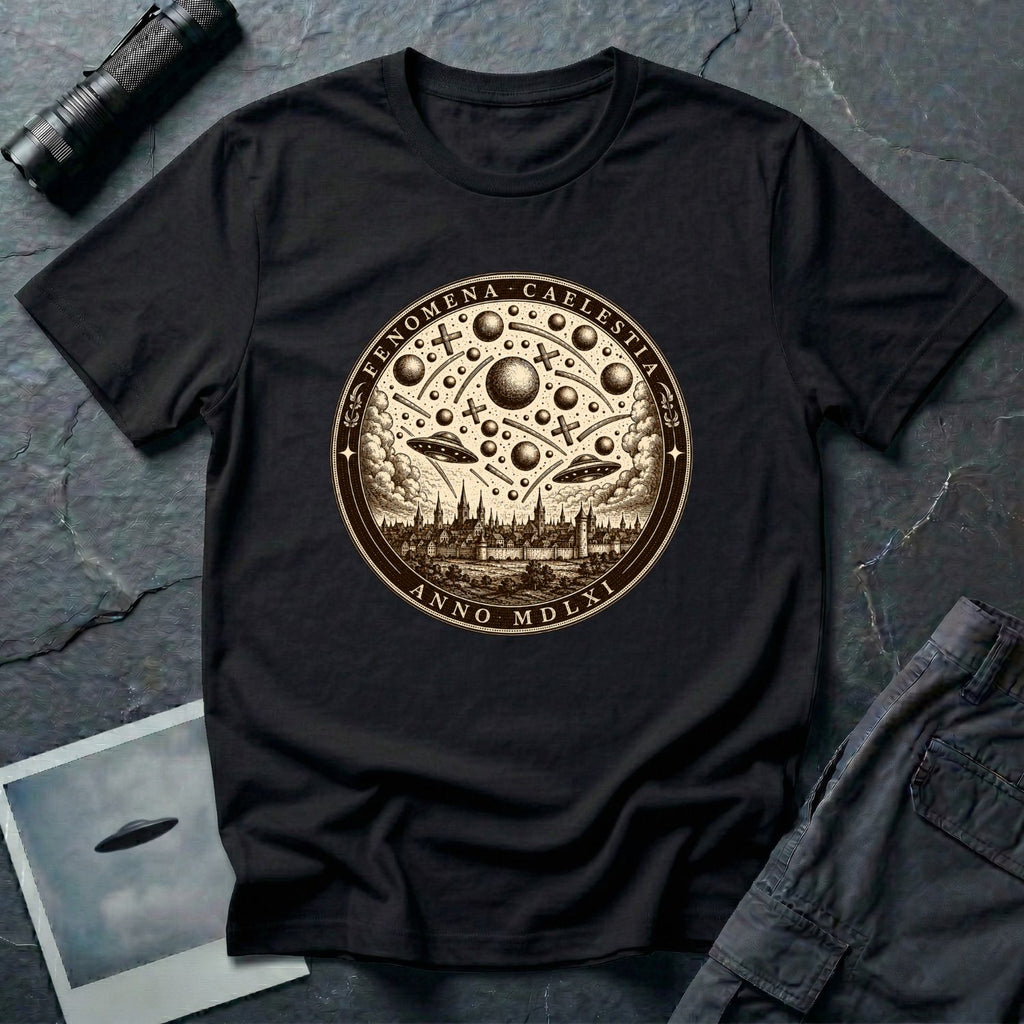 Black t-shirt with a sepia engraving medallion depicting the 1561 Nuremberg UFO phenomenon with craft, spheres and the words FENOMENA CAELESTIA ANNO MDLXI