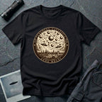 Black t-shirt with a sepia engraving medallion depicting the 1561 Nuremberg UFO phenomenon with craft, spheres and the words FENOMENA CAELESTIA ANNO MDLXI