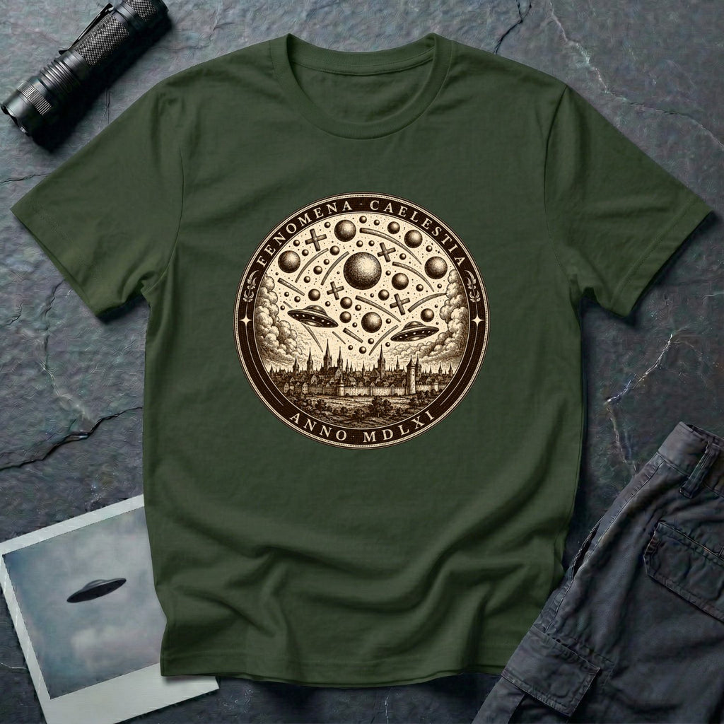 Military green t-shirt with a sepia engraving medallion depicting the 1561 Nuremberg UFO phenomenon with craft, spheres and the words FENOMENA CAELESTIA ANNO MDLXI