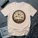 Natural coloured t-shirt with a sepia engraving medallion depicting the 1561 Nuremberg UFO phenomenon with craft, spheres and the words FENOMENA CAELESTIA ANNO MDLXI