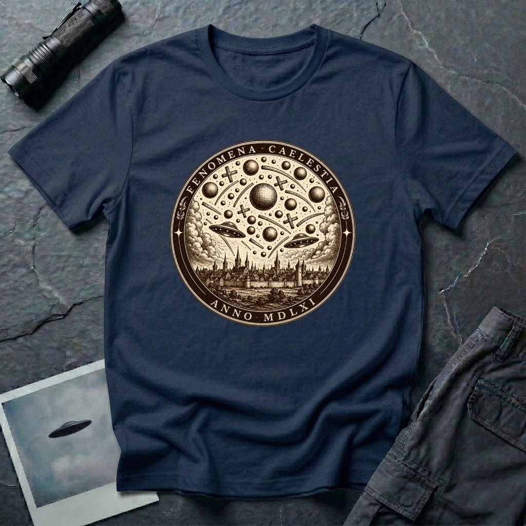 Navy blue t-shirt with a sepia engraving medallion depicting the 1561 Nuremberg UFO phenomenon with craft, spheres and the words FENOMENA CAELESTIA ANNO MDLXI