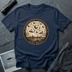 Navy blue t-shirt with a sepia engraving medallion depicting the 1561 Nuremberg UFO phenomenon with craft, spheres and the words FENOMENA CAELESTIA ANNO MDLXI