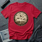 Red t-shirt with a sepia engraving medallion depicting the 1561 Nuremberg UFO phenomenon with craft, spheres and the words FENOMENA CAELESTIA ANNO MDLXI