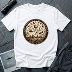 White t-shirt with a sepia engraving medallion depicting the 1561 Nuremberg UFO phenomenon with craft, spheres and the words FENOMENA CAELESTIA ANNO MDLXI
