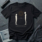 Black t-shirt with human and alien figures facing each other at a measured 1.4 metre distance under a starburst, with establish visual do not approach caption