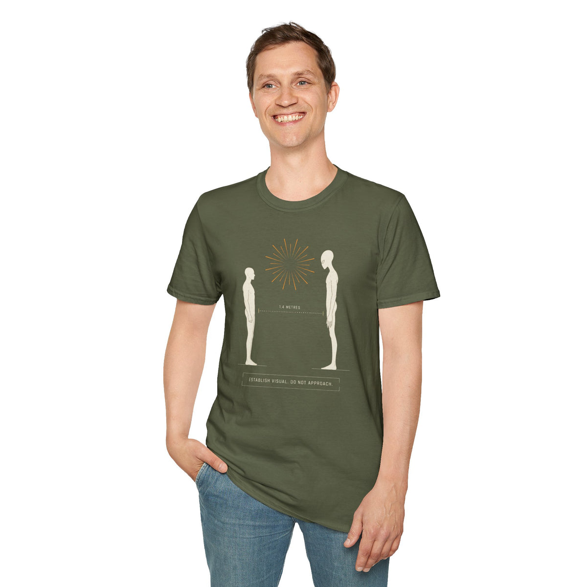 Green t-shirt with human and alien figures facing each other at a measured 1.4 metre distance under a starburst, with establish visual do not approach caption