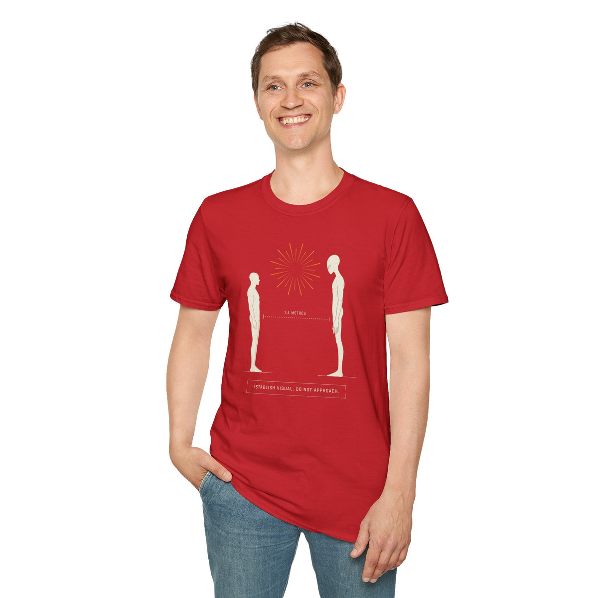 Red t-shirt with human and alien figures facing each other at a measured 1.4 metre distance under a starburst, with establish visual do not approach caption