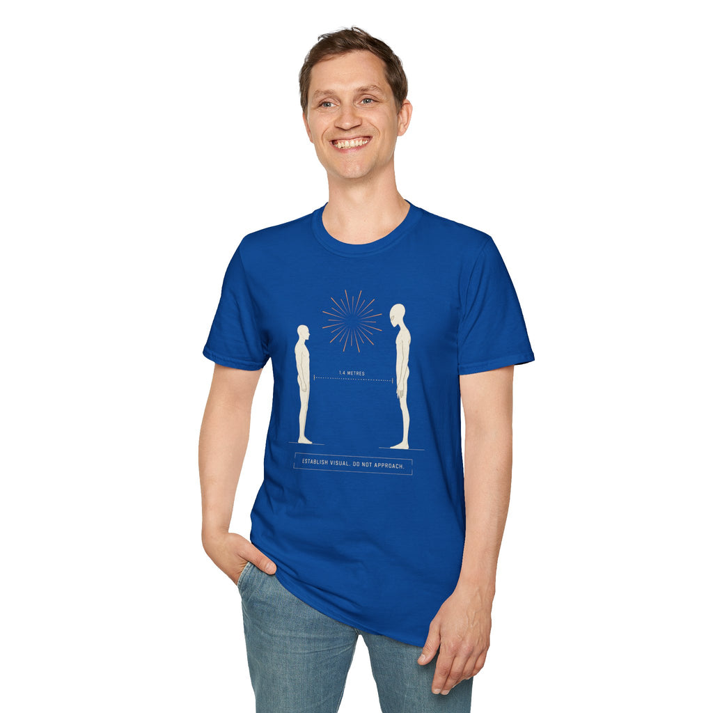 Royal blue t-shirt with human and alien figures facing each other at a measured 1.4 metre distance under a starburst, with establish visual do not approach caption