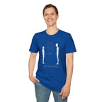 Royal blue t-shirt with human and alien figures facing each other at a measured 1.4 metre distance under a starburst, with establish visual do not approach caption