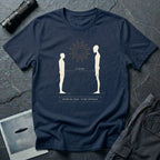 Navy blue t-shirt with human and alien figures facing each other at a measured 1.4 metre distance under a starburst, with establish visual do not approach caption