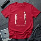 Red t-shirt with human and alien figures facing each other at a measured 1.4 metre distance under a starburst, with establish visual do not approach caption