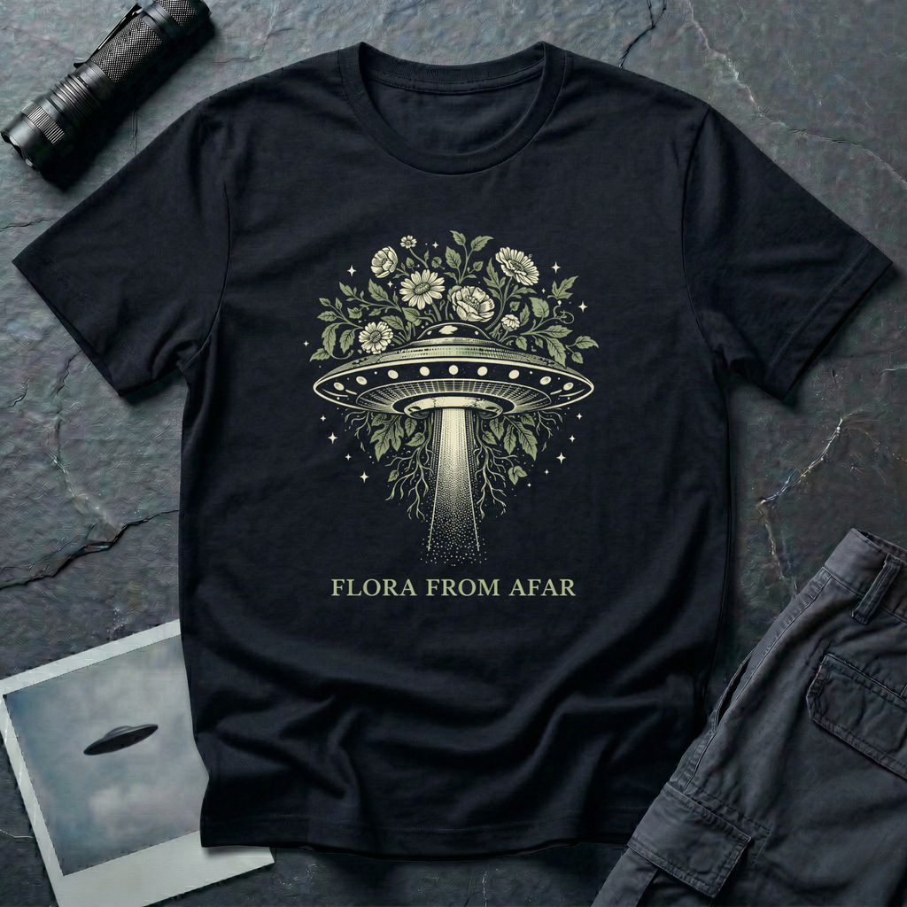 Flora From Afar botanical UFO t-shirt — Victorian-style flying saucer overgrown with flowers and vines in cream line-work on black cotton tee