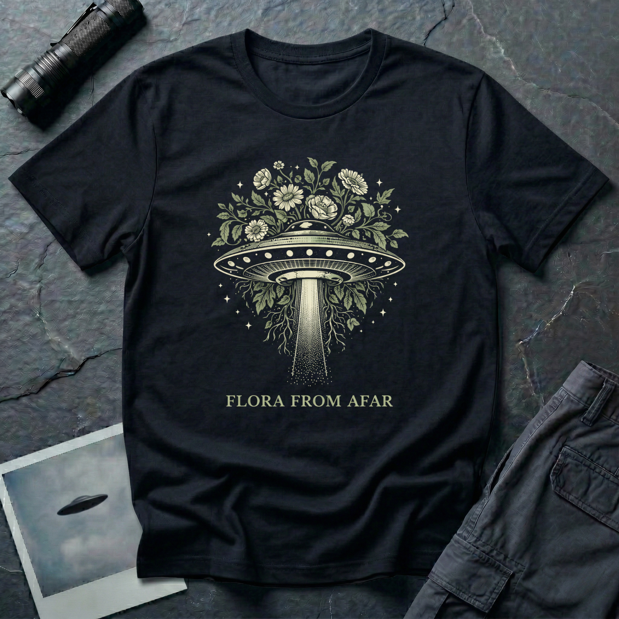 Flora From Afar botanical UFO t-shirt — Victorian-style flying saucer overgrown with flowers and vines in cream line-work on black cotton tee