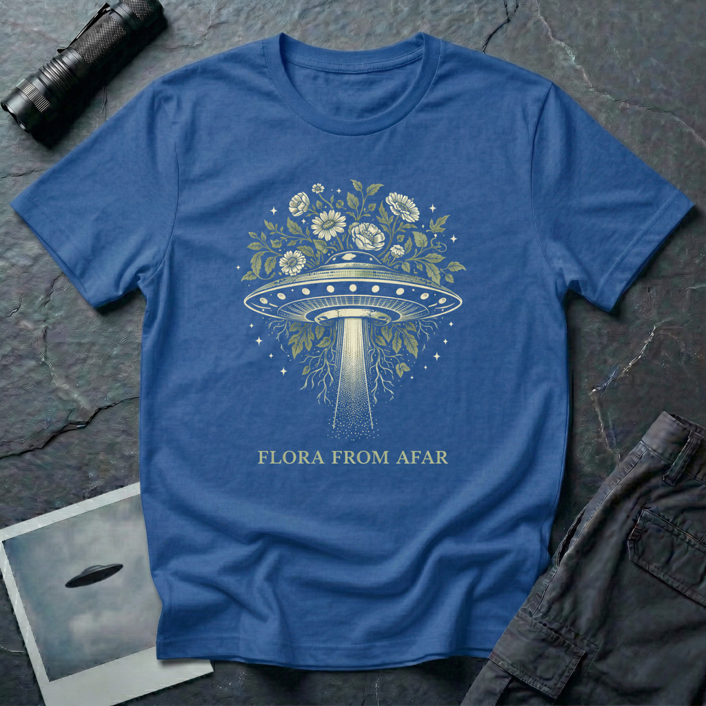 Flora From Afar botanical UFO t-shirt — Victorian-style flying saucer overgrown with flowers and vines in cream line-work on blue cotton tee