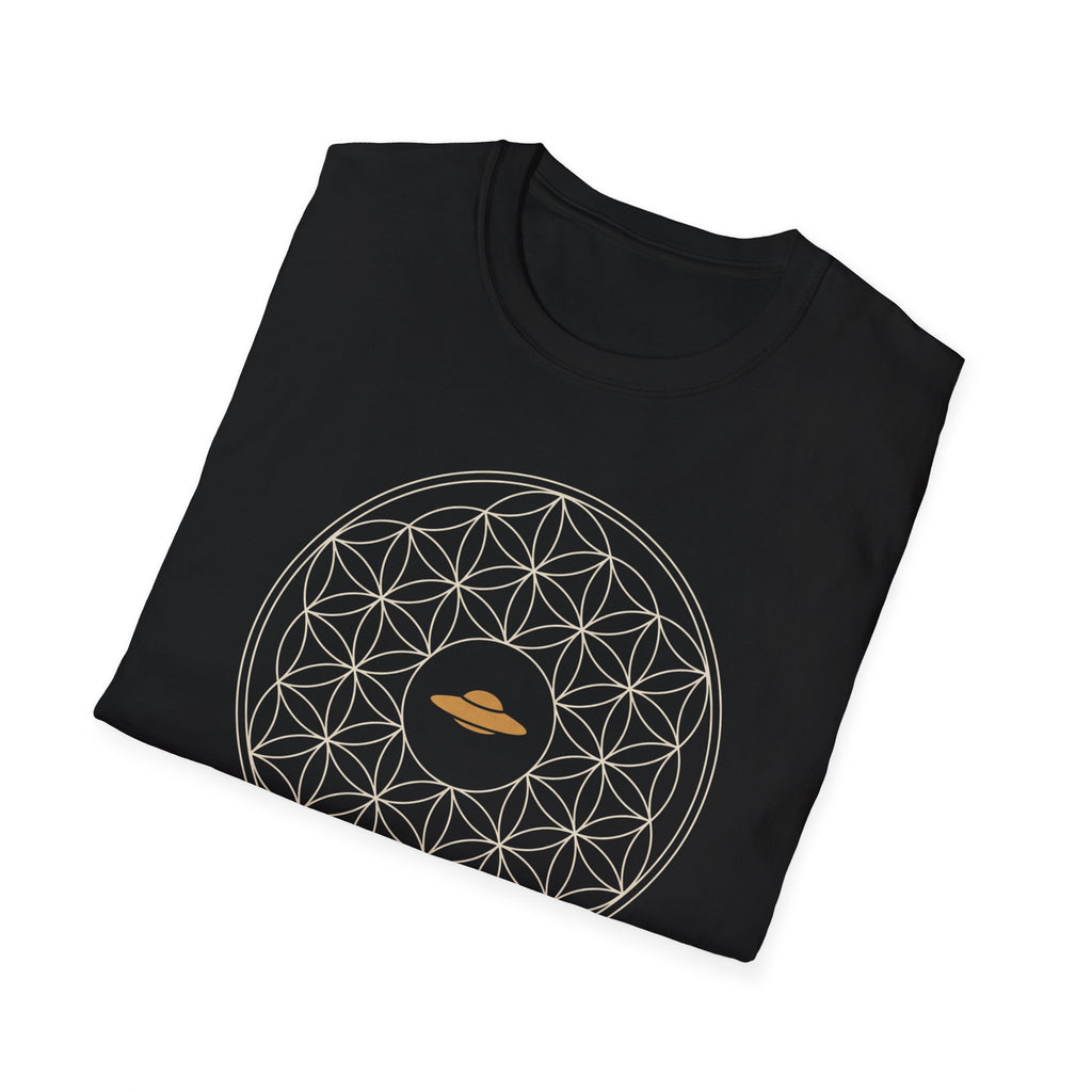 Black t-shirt with cream Flower of Life sacred geometry pattern and gold UFO at the centre