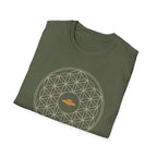 Military green t-shirt with cream Flower of Life sacred geometry pattern and gold UFO at the centre