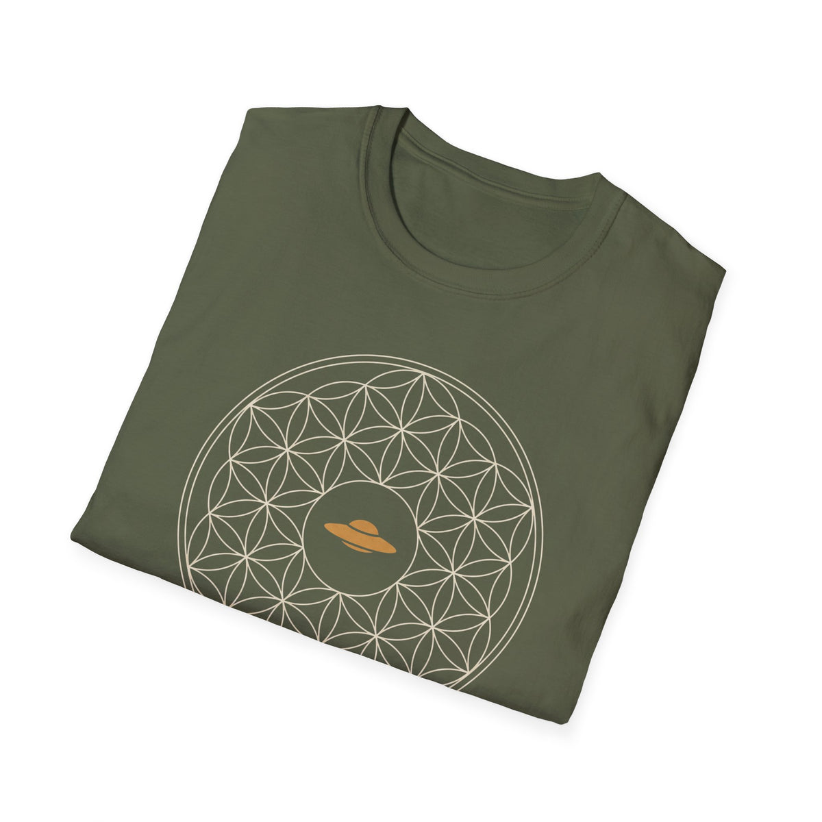 Military green t-shirt with cream Flower of Life sacred geometry pattern and gold UFO at the centre