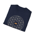 Navy blue t-shirt with cream Flower of Life sacred geometry pattern and gold UFO at the centre