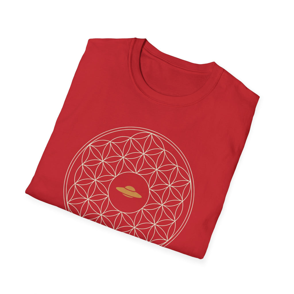 Red t-shirt with cream Flower of Life sacred geometry pattern and gold UFO at the centre