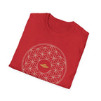 Red t-shirt with cream Flower of Life sacred geometry pattern and gold UFO at the centre