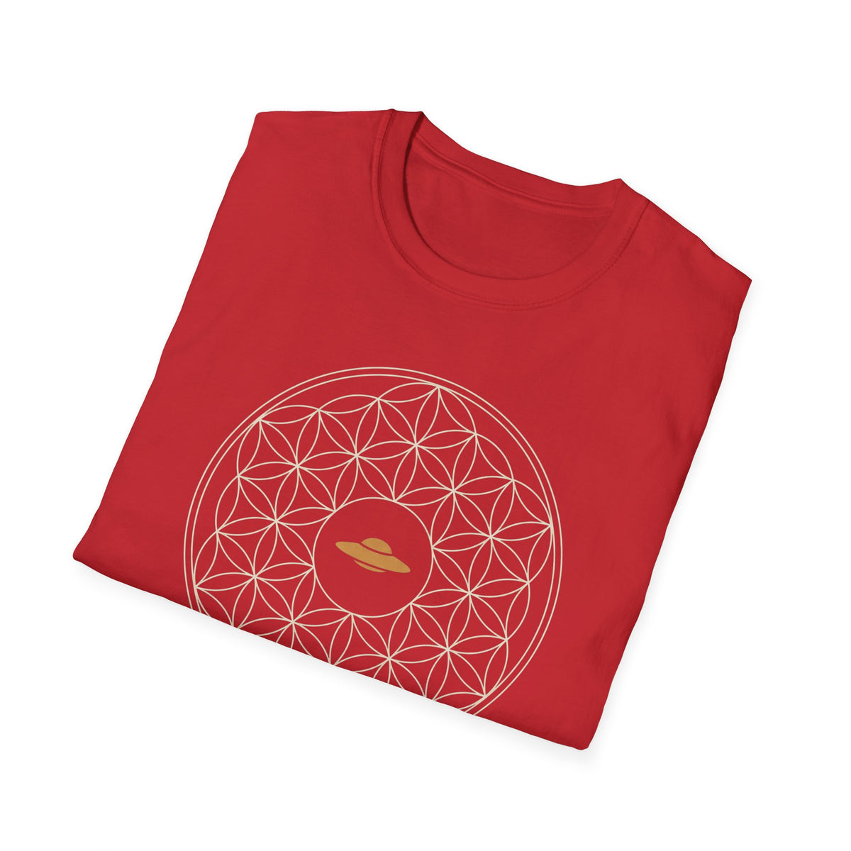 Red t-shirt with cream Flower of Life sacred geometry pattern and gold UFO at the centre