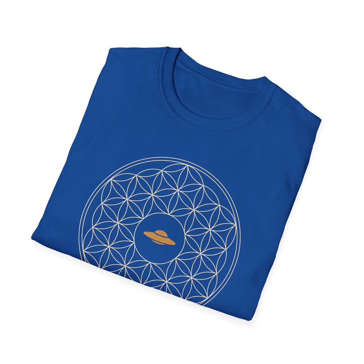 Royal blue t-shirt with cream Flower of Life sacred geometry pattern and gold UFO at the centre