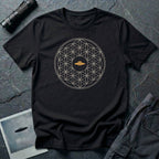 Black t-shirt with cream Flower of Life sacred geometry pattern and gold UFO at the centre