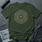 Military green t-shirt with cream Flower of Life sacred geometry pattern and gold UFO at the centre