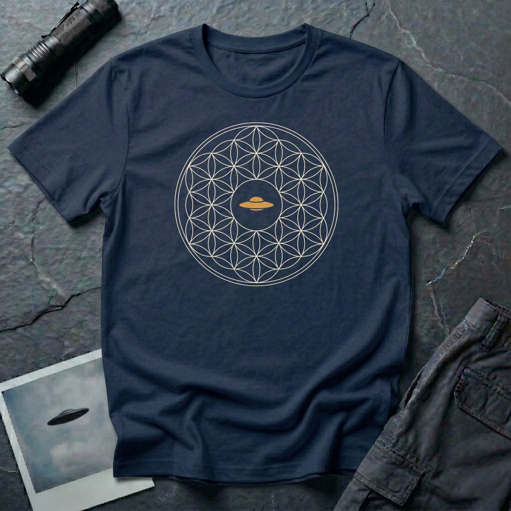 Navy blue t-shirt with cream Flower of Life sacred geometry pattern and gold UFO at the centre