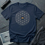 Navy blue t-shirt with cream Flower of Life sacred geometry pattern and gold UFO at the centre