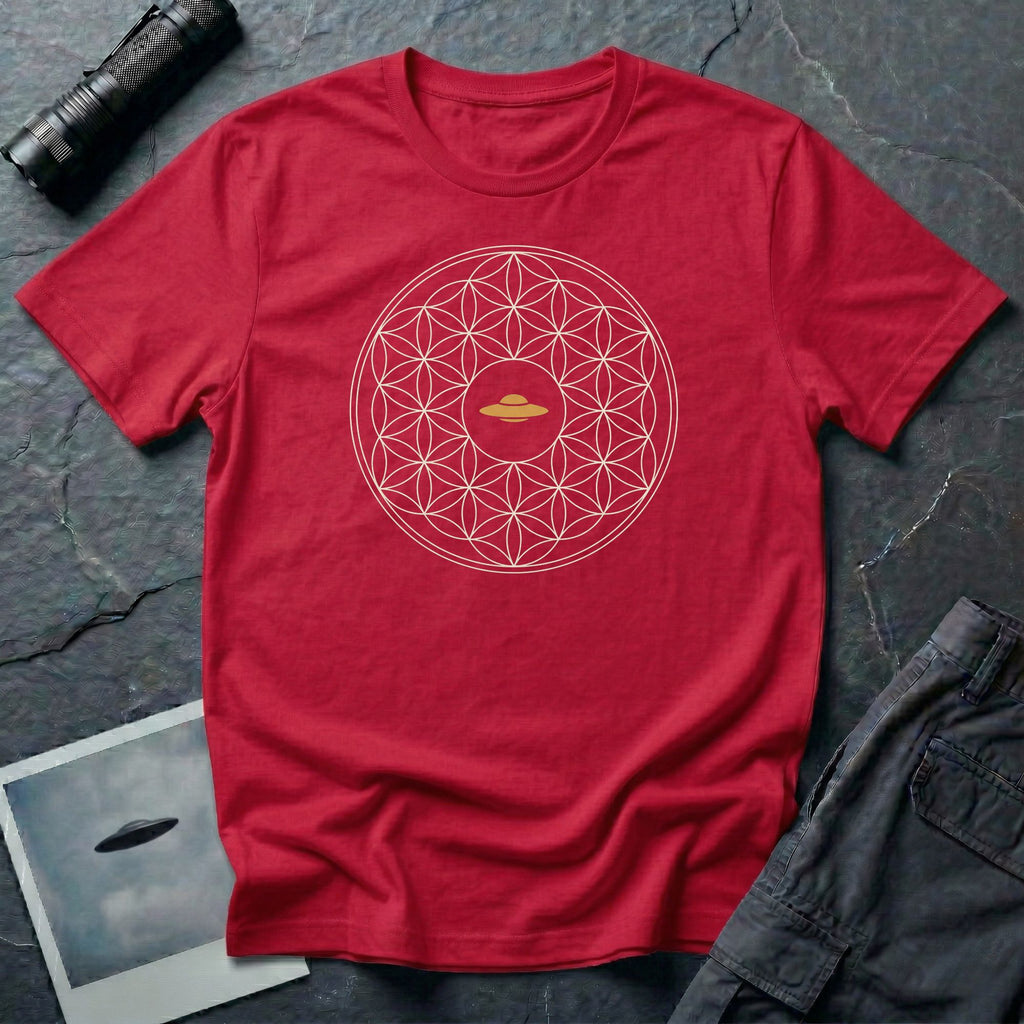 Red t-shirt with cream Flower of Life sacred geometry pattern and gold UFO at the centre