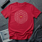 Red t-shirt with cream Flower of Life sacred geometry pattern and gold UFO at the centre