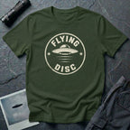 Military green retro UFO t-shirt with a distressed circular badge design featuring a flying saucer and the words FLYING DISC in white