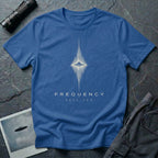 Blue UFO t-shirt with a flying saucer at the centre of a diamond-shaped frequency waveform in cream with the words FREQUENCY RECEIVER beneath