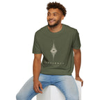 Man wearing green UFO t-shirt with a flying saucer at the centre of a diamond-shaped frequency waveform in cream with the words FREQUENCY RECEIVER beneath