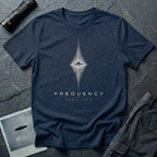 Navy blue UFO t-shirt with a flying saucer at the centre of a diamond-shaped frequency waveform in cream with the words FREQUENCY RECEIVER beneath