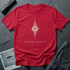 Red UFO t-shirt with a flying saucer at the centre of a diamond-shaped frequency waveform in cream with the words FREQUENCY RECEIVER beneath