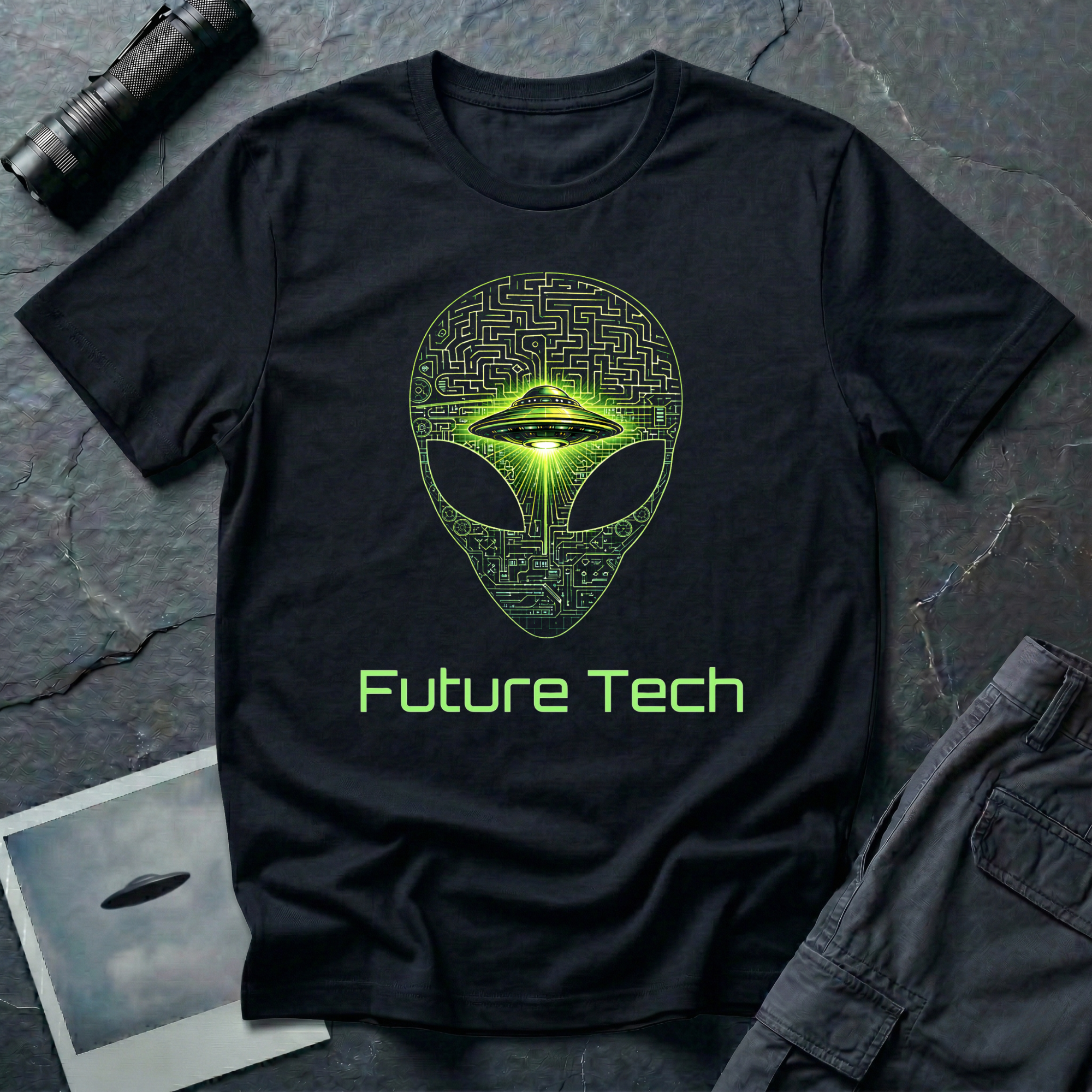 Future Alien Tech cyberpunk alien t-shirt — grey alien head made of neon green circuit board lines with flying saucer emerging from forehead on black cotton tee