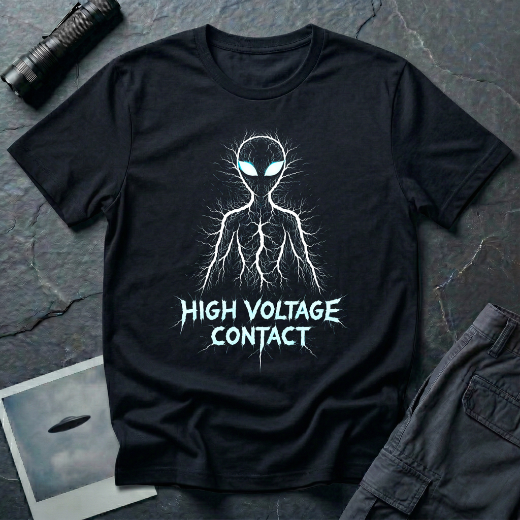 High Voltage Contact electric alien t-shirt — grey alien figure formed from lightning branches with glowing cyan eyes and jagged "High Voltage Contact" text on black cotton tee